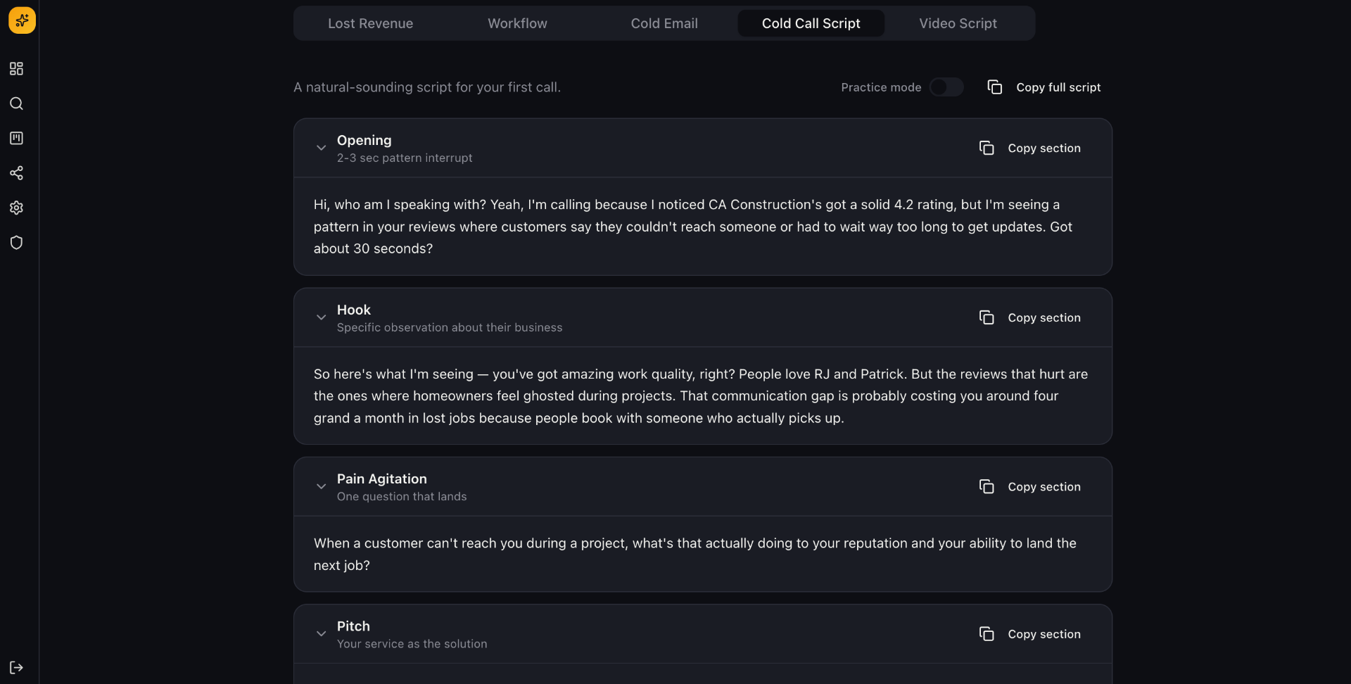 Cold call script tab showing opening, hook, pain agitation, and pitch sections